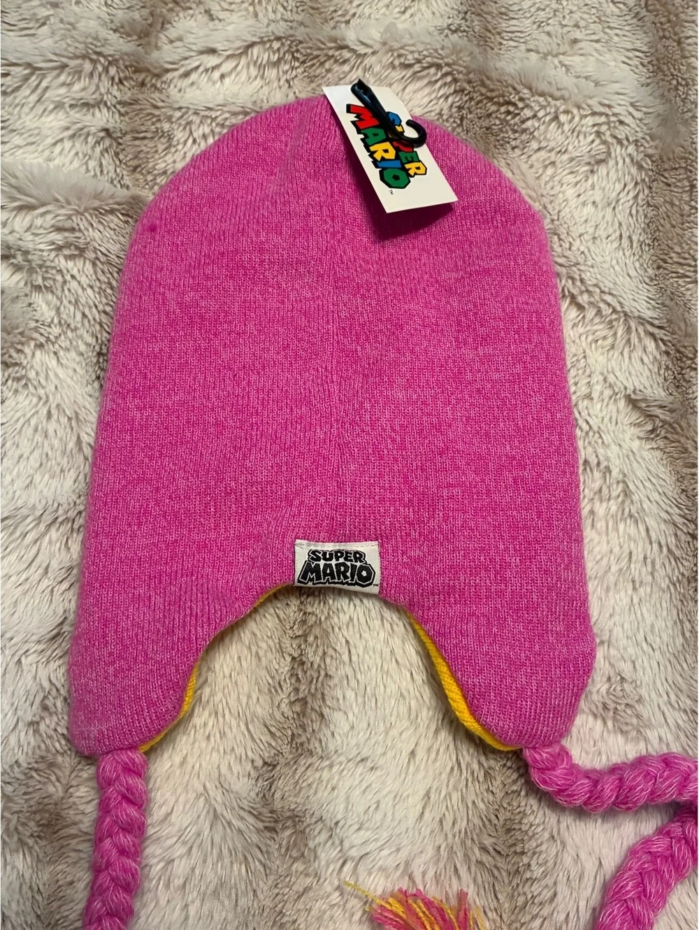 NWT Super Mario Princess Peach Earflap Beanie Hat Pink/Yellow
